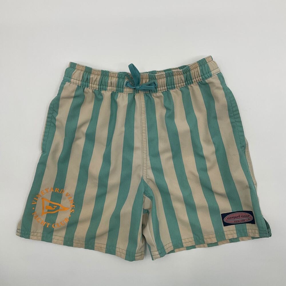Vineyard Vines Swim Trunks Boys 7 Striped Aqua Beige Yacht Club Drawstring Mesh